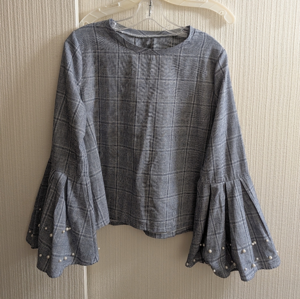 Women's Grey Plaid Top With Long Bell Sleeves Embellished Faux Pearls Size L